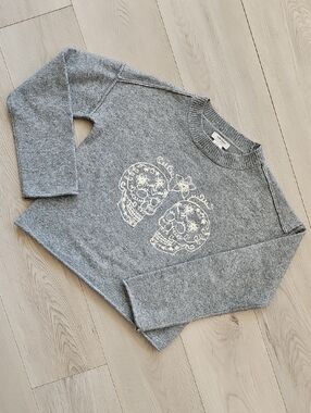 Haute Hippie Embroidered Skull Soft Cozy Pullover Sweater, XS
